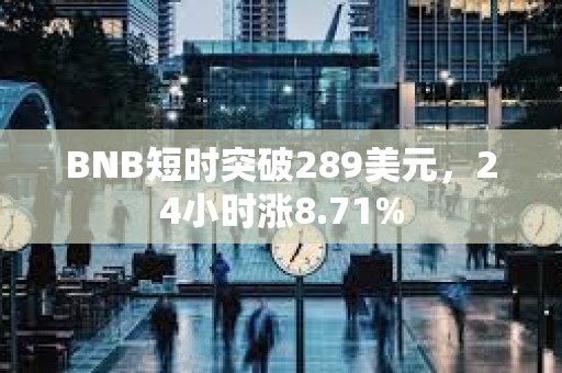 BNB短時突破289美元，24小時漲8.71%